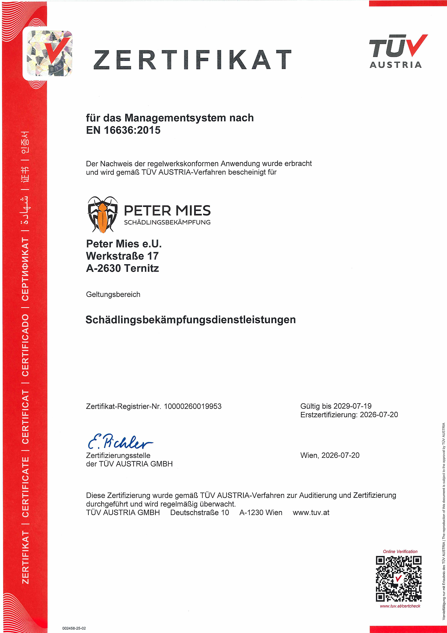 Home 3 Zertifikat Schädlingsbekämpfung